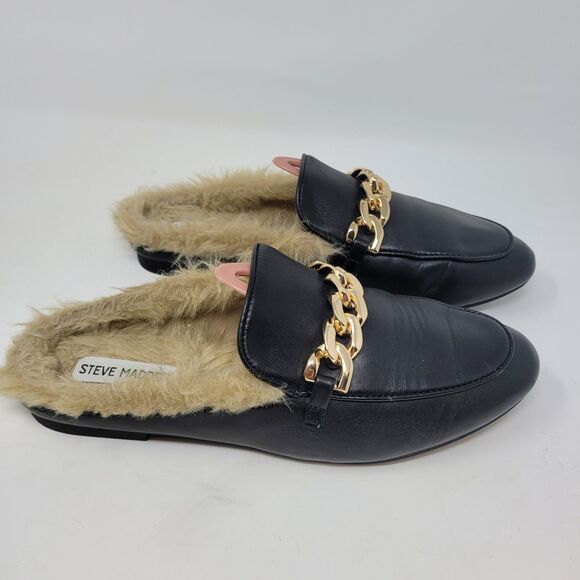 Steve Madden size 8 Raam fur Mule Klaire Leather Slide Slippers Gold Black flats - Picture 5 of 7